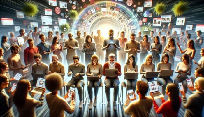 Using Customer Stories for E-Commerce SEO: Diverse group of satisfied customers sharing shopping experiences on an e-commerce site, boosting SEO.