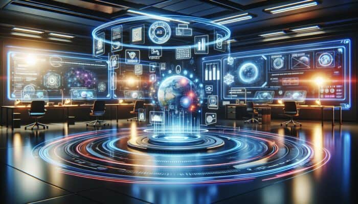 Holographic screens showing AR video tools in a modern, tech-filled workspace.
