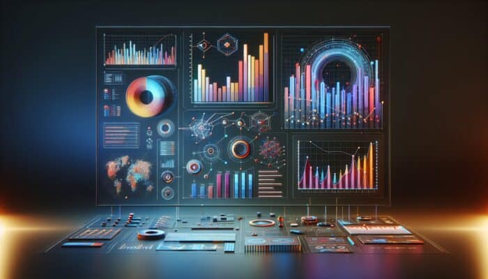 Infographic showcasing bar charts, line graphs, and heat maps in vibrant colors for data storytelling.