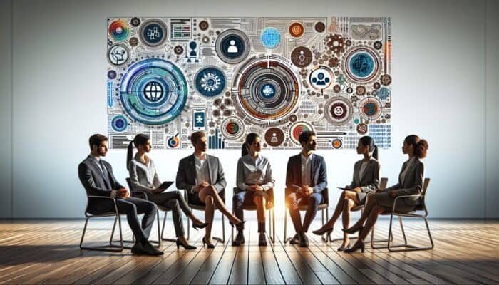 A diverse group of employees in a training session on ethical automation, viewing technology diagrams and ethical guidelines.