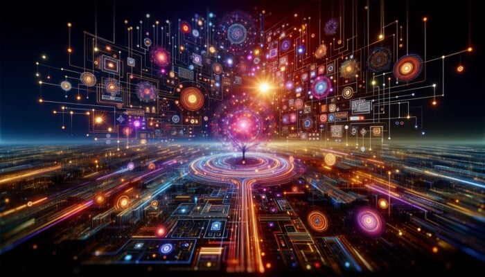 AI systems with glowing structured data pathways, enhancing visibility and interaction through schema markup and rich snippets.