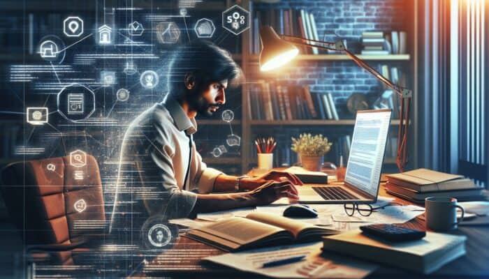 A person in a cozy office researching, outlining on a whiteboard, editing on a laptop, and optimizing content with SEO tools.