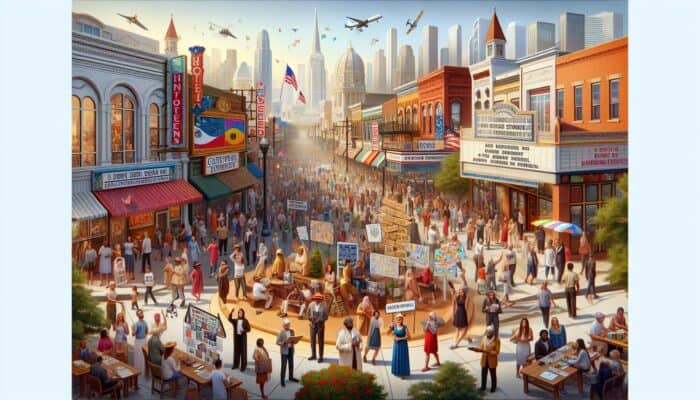 A vibrant collage of local landmarks, cultural symbols, seasonal festivities, and community engagement with tailored promotions.