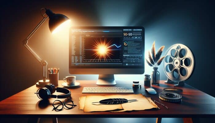 A professional workspace with SEO analytics on a computer, video editing tools, and transcripts under a warm desk lamp.