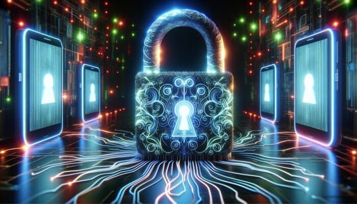 A glowing digital lock with complex codes safeguarding data flow between futuristic devices in a neon-lit cyber environment.