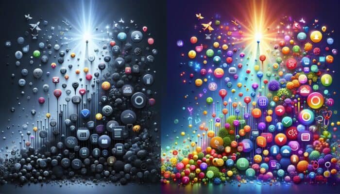Illustration of SEO's impact: a dim underperforming product page with low traffic icons versus a vibrant one with rising graphs and sales symbols.