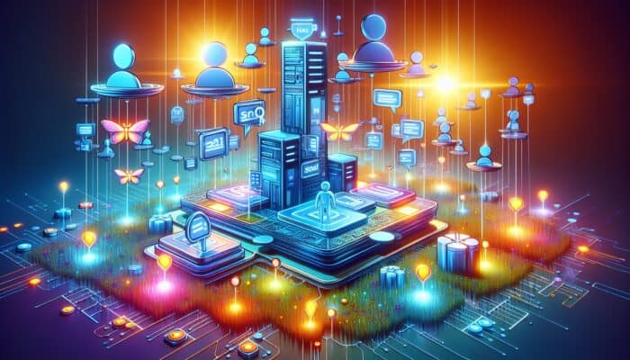 How to Write SEO-Friendly Hosting Posts: A vibrant digital scene with floating glowing keywords, holographic meta tags on a website blueprint, a scale balancing search bots and happy users, and background servers.