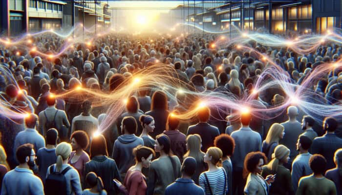 A diverse group of people in a vibrant global marketplace, connected by glowing threads symbolizing joy, fear, nostalgia, and excitement in marketing.