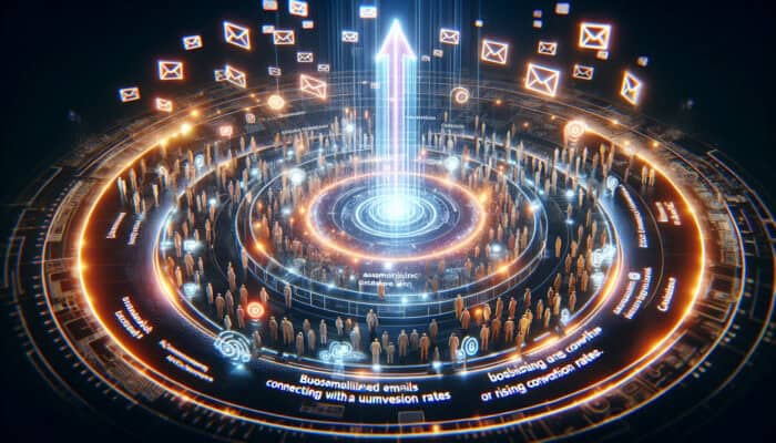 A futuristic digital core glows with automated emails, as marketers strategize at holographic desks, boosting rising growth and conversion charts.