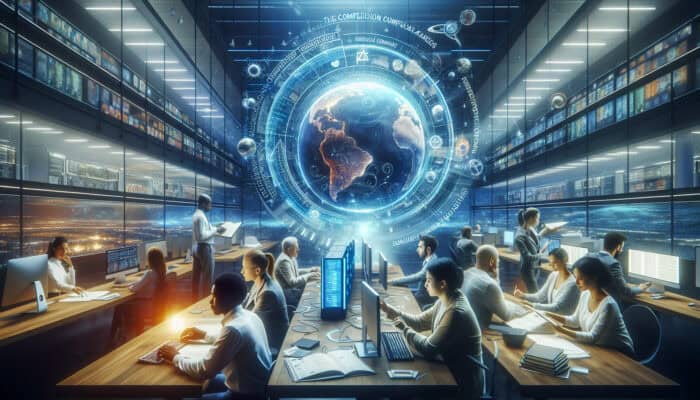 A bustling digital workspace with screens showing mismatched texts in various languages, a diverse team consulting a glowing style guide under a holographic globe.