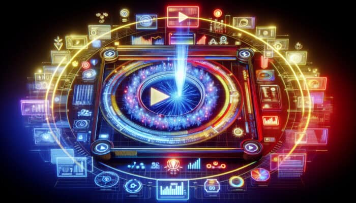 Futuristic digital dashboard displaying video SEO metrics like views and watch time on glowing screens, with a central thumbnail and dynamic graphs.