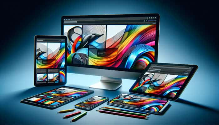 Illustration of responsive web design: webpage morphing from desktop to tablet and smartphone, with elements resizing seamlessly.