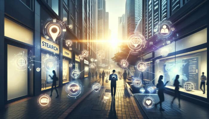A bustling city street at dusk, with shops spotlighted by search icons and maps, people on smartphones discovering local businesses.