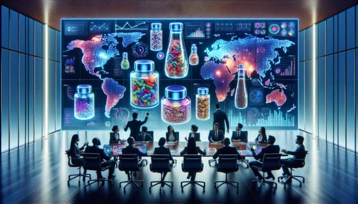 A diverse team of analysts in a high-tech boardroom examines holographic supplement products and charts displaying market gaps and strategies.